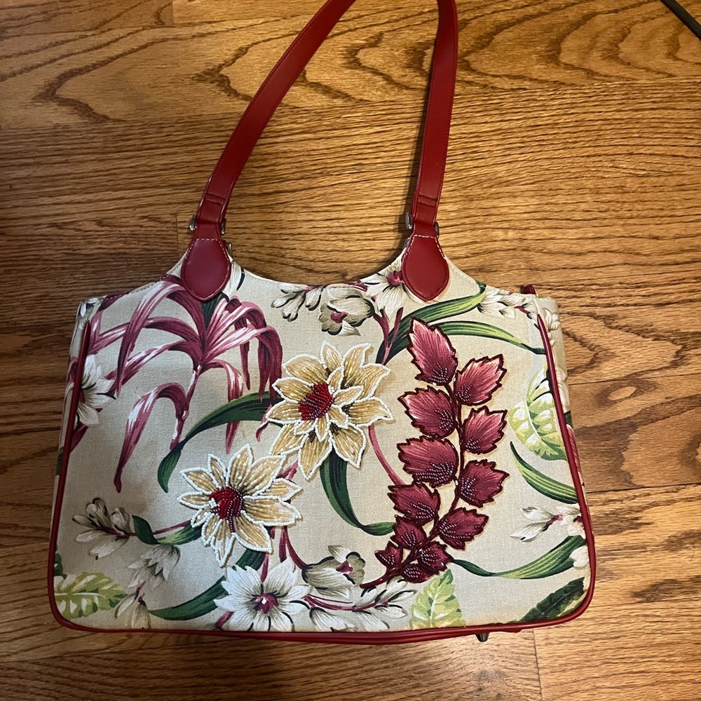 Floral Canvas Shoulder Bag with Red Accents